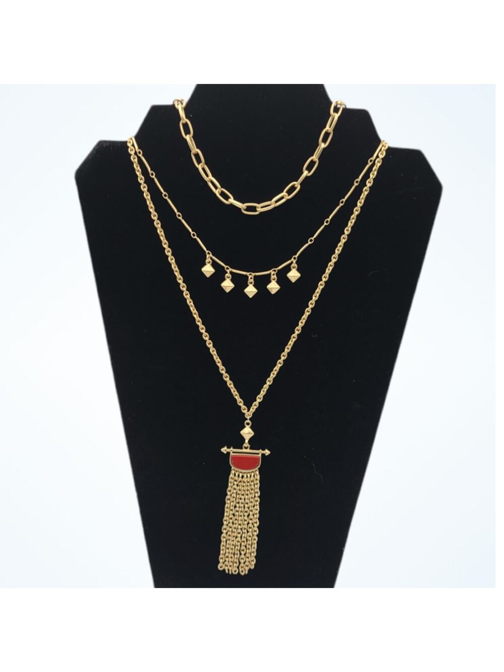 Jardin Gold Layered Red Turquoise Stone Fringe Pendant Chain Necklace ~ NEW